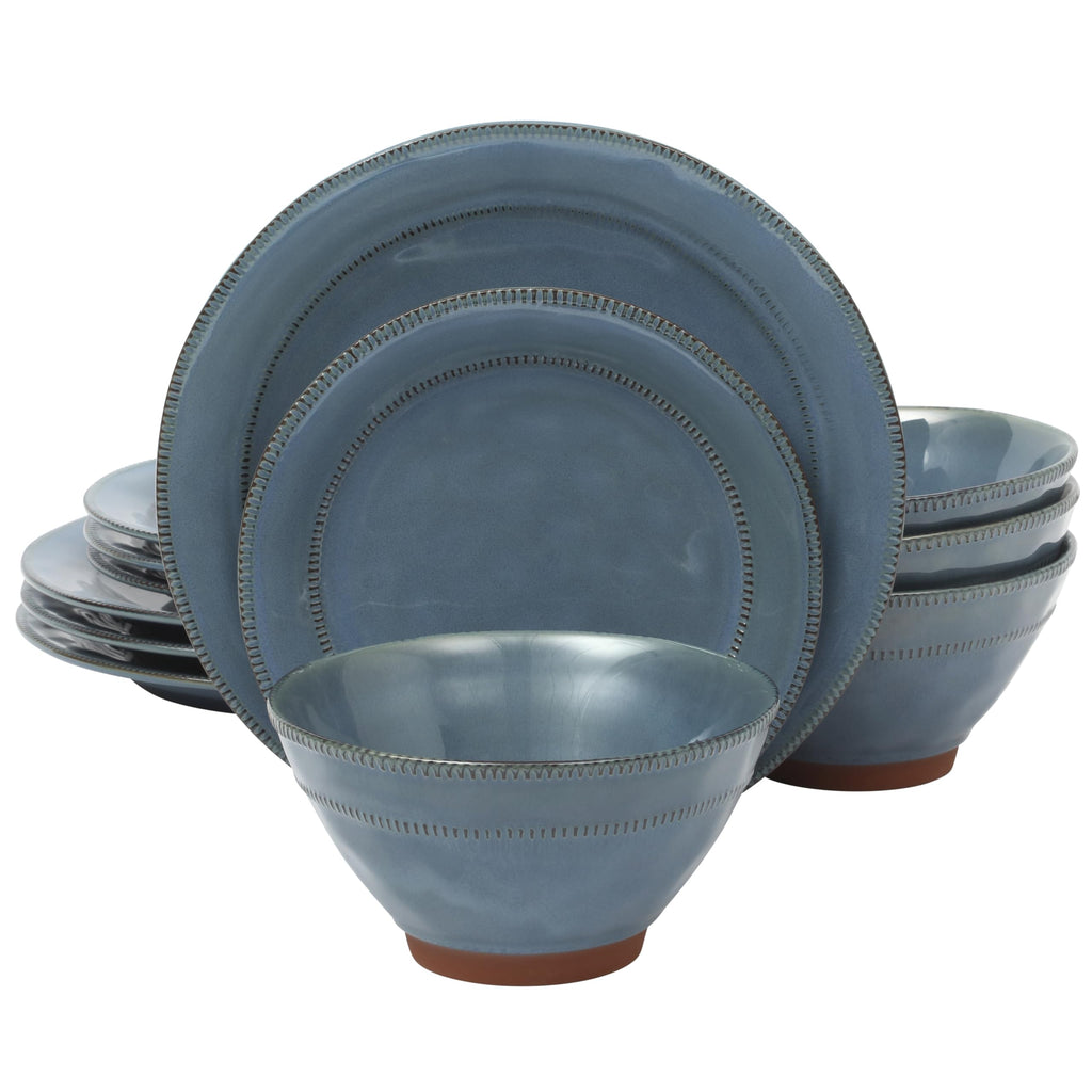 Gibson Elite 12 Piece (Service for 4) Townscape Plates and Bowls Reactive Glaze Embossed Round Dishes Terracotta Ceramic Dinnerware Set - Dark Green