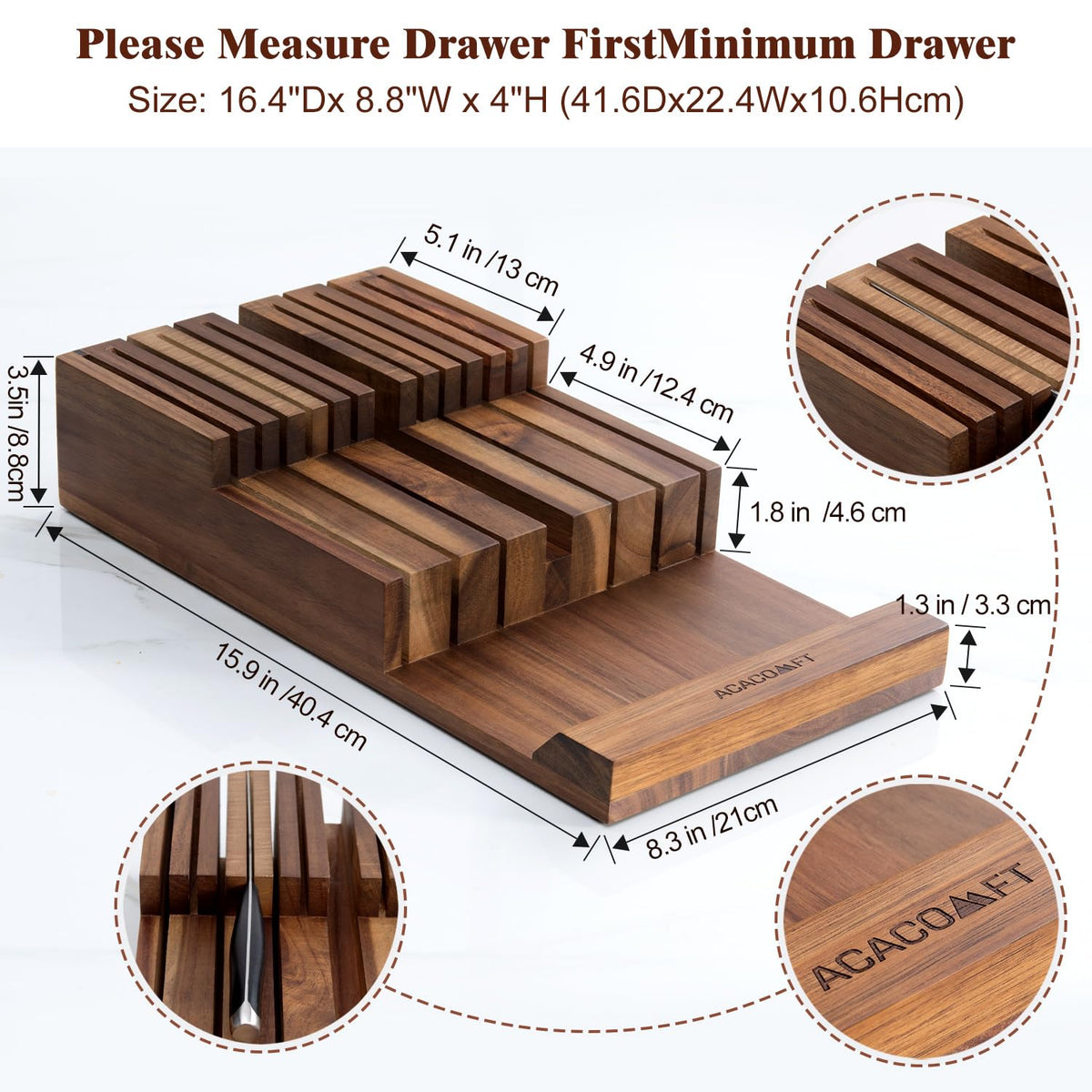 In-Drawer Knife Block without Knives, Acacia Wood Knife Drawer Organizer