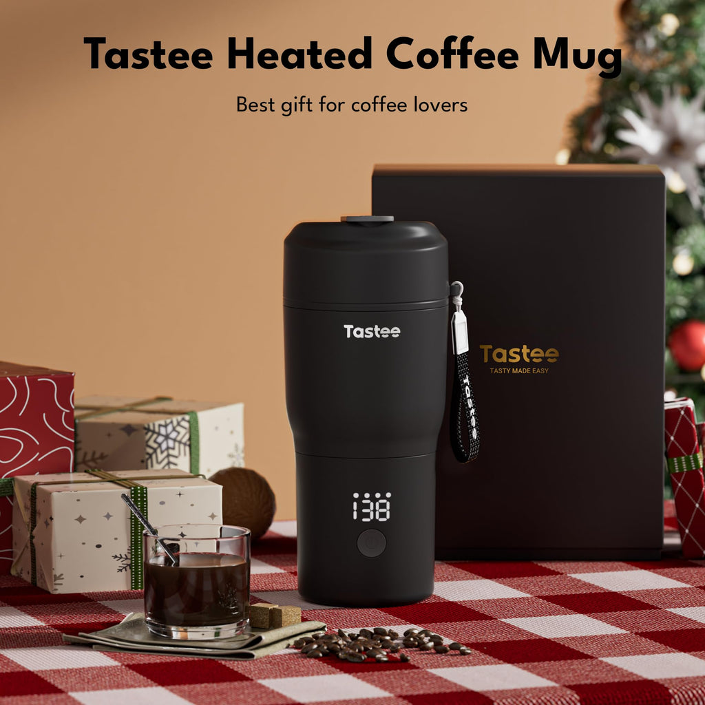 Tastee Heated Coffee Mug – 12oz Portable Travel Mug with 1℉ Precise Temperature Control, 8-Hour Heat Retention, 30W Fast Charging, Leak-Proof, Wide Mouth, Gift-Ready for Office, Home & Outdoor(Black)