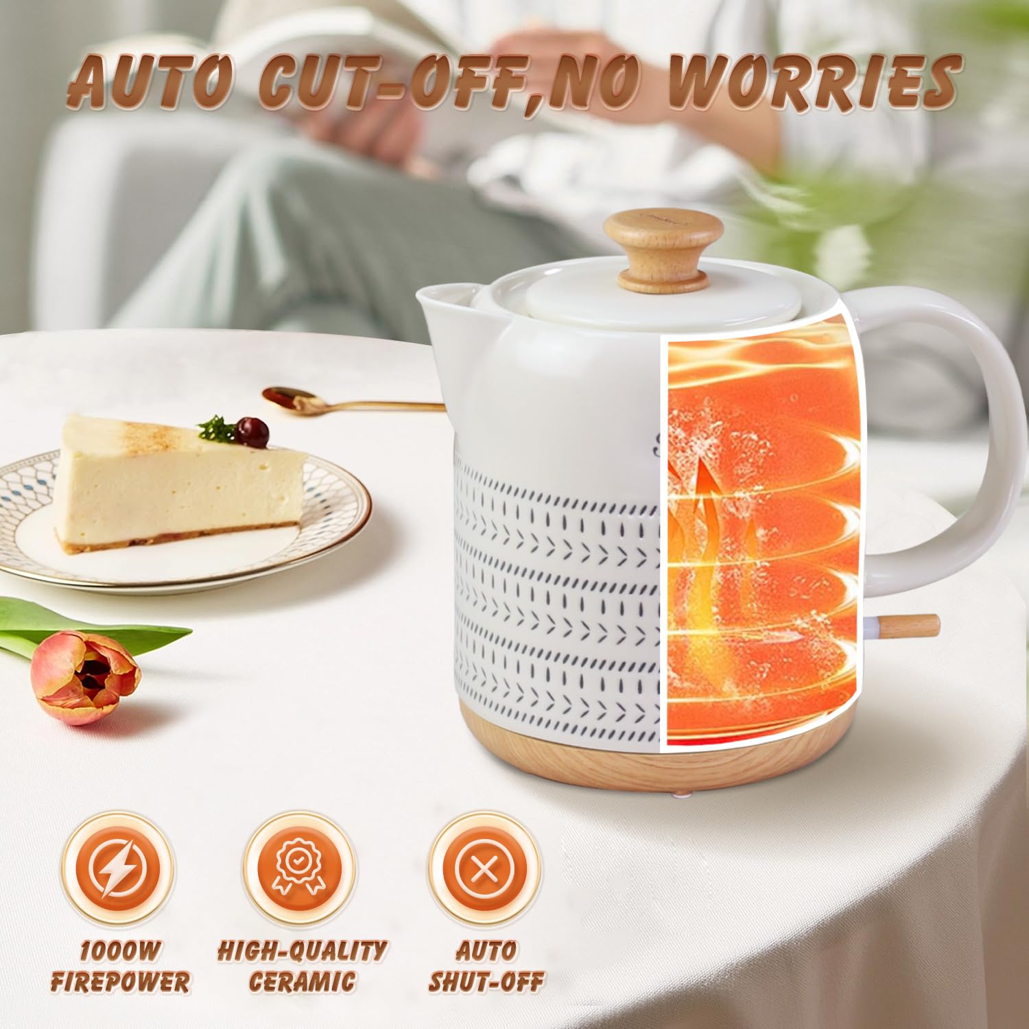 LONGSEED Ceramic Electric Kettle 1 Quarts, Hot Water Boiler Electric Kettles, Tea Pot with LED Light, Boil Dry Protection, Short Spout 1000W Fast Boil, Automatic Shut-off