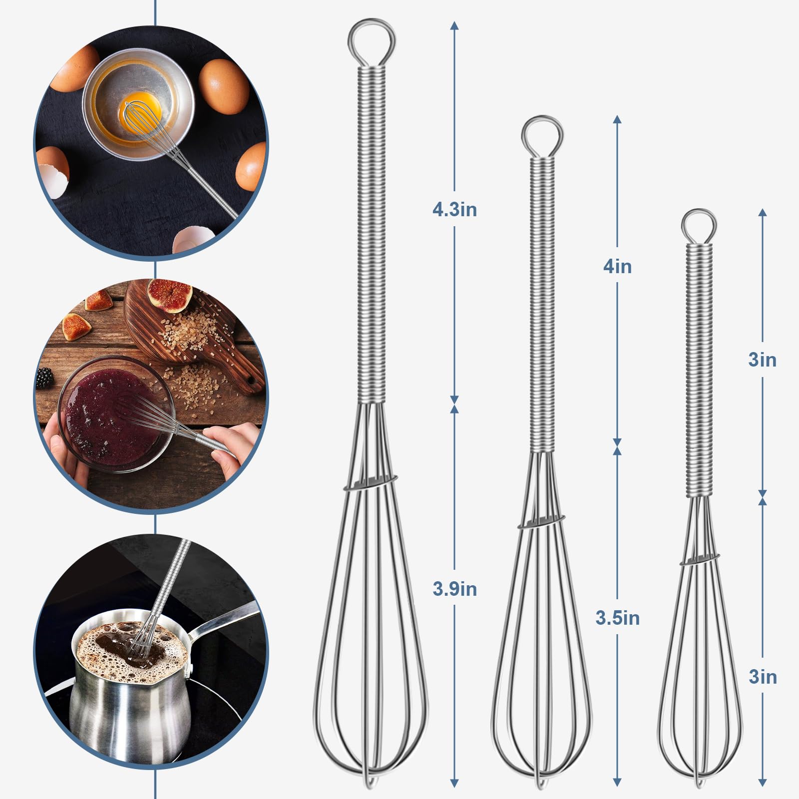 Walfos Mini Whisk,304 Anti-Rust Small whisk,Sturdy Stainless Steel Wire Tiny Whisks 6+7+8in,Ideal for mixing individual eggs, jams, spices and other small portion ingredients.(3pcs）