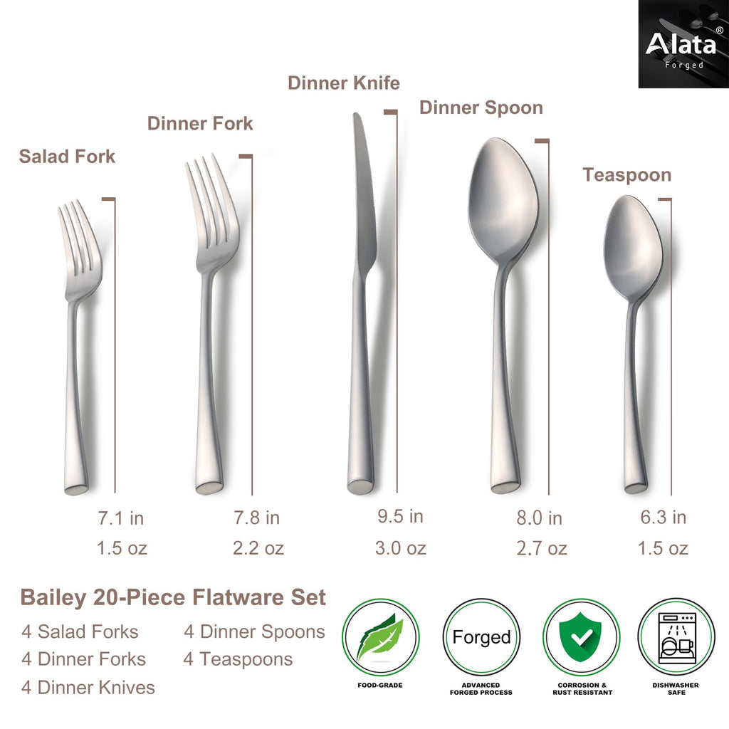 Alata Bailey 20-Piece Forged Stainless Steel Flatware Set Cutlery Set,Service for 4,Matte Satin Finish,Dishwasher Safe…