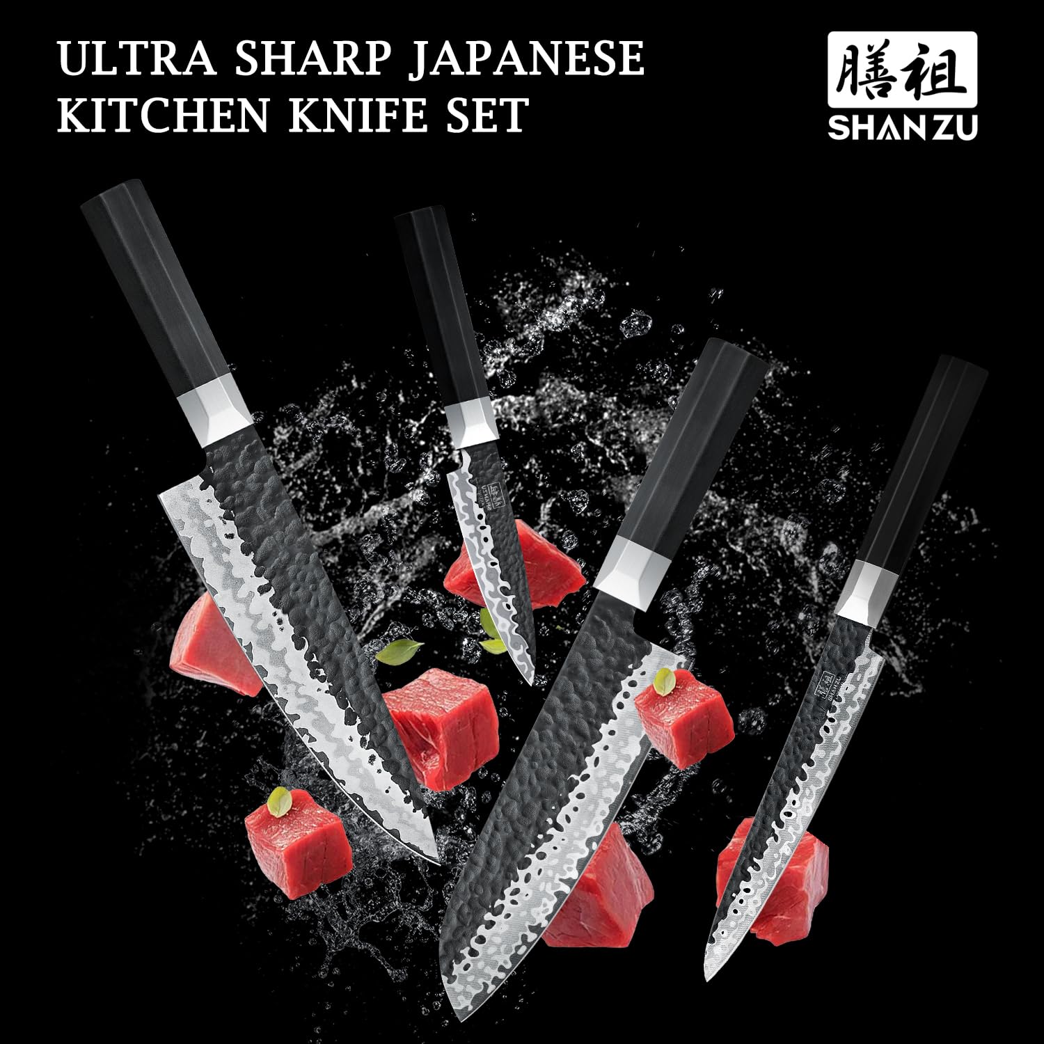 SHAN ZU 7-Piece Japanese Knife Set - 7 Layers 10Cr15MoV High Carbon Steel Kitchen Knifes Set with Block and Sharpener,Ultra-Sharp Chef Knife Set with G10 Handle