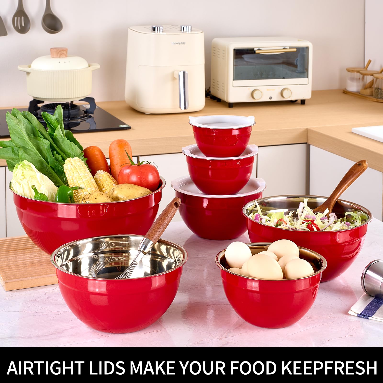 LKTDYMEG Red Mixing Bowls with Lids Set of 7, Stainless Steel Nesting Bowl with Khaki Lid for Non-slip Mixing Prepping Storing Serving, 7 Sizes-7/3.6/2.7/2.1/1.5/1/0.8 QT