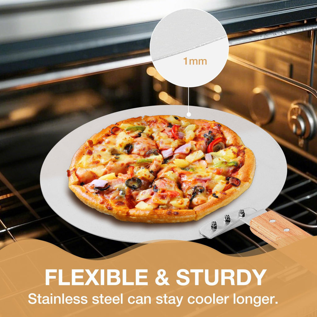 FLYZZA 12 Inch Stainless Pizza Peel, Pizza Spatula with Ergonomic Long Wood Handle for Pizza Oven Baking, Turing Peel for Pizza, Dough, Bread Pastry