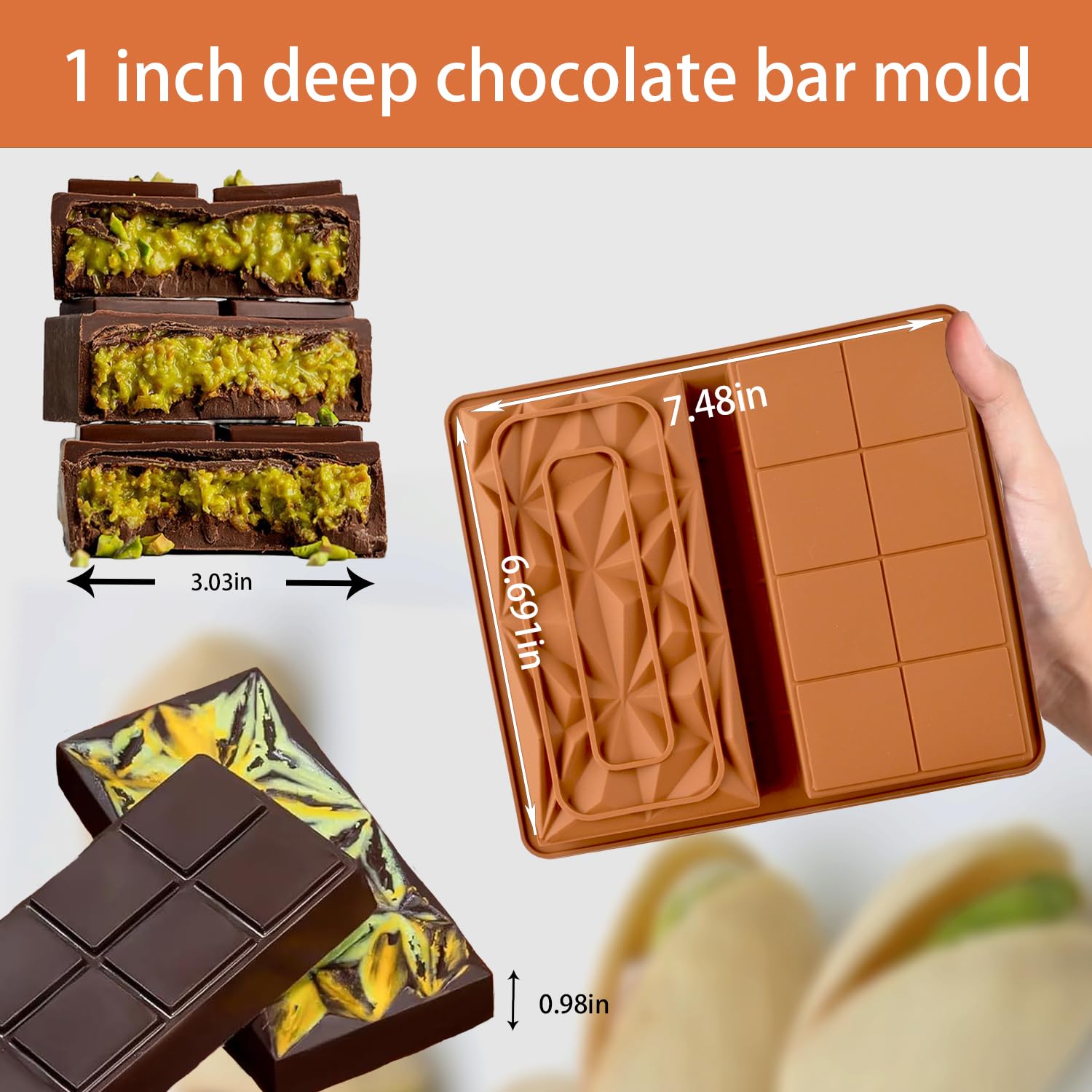 Dubai Chocolate Molds Silicone, 1 Inch Deep Chocolate Bar Mold for Candy Bar，Desserts，Homemade Snack Baking Mold - Set of 1