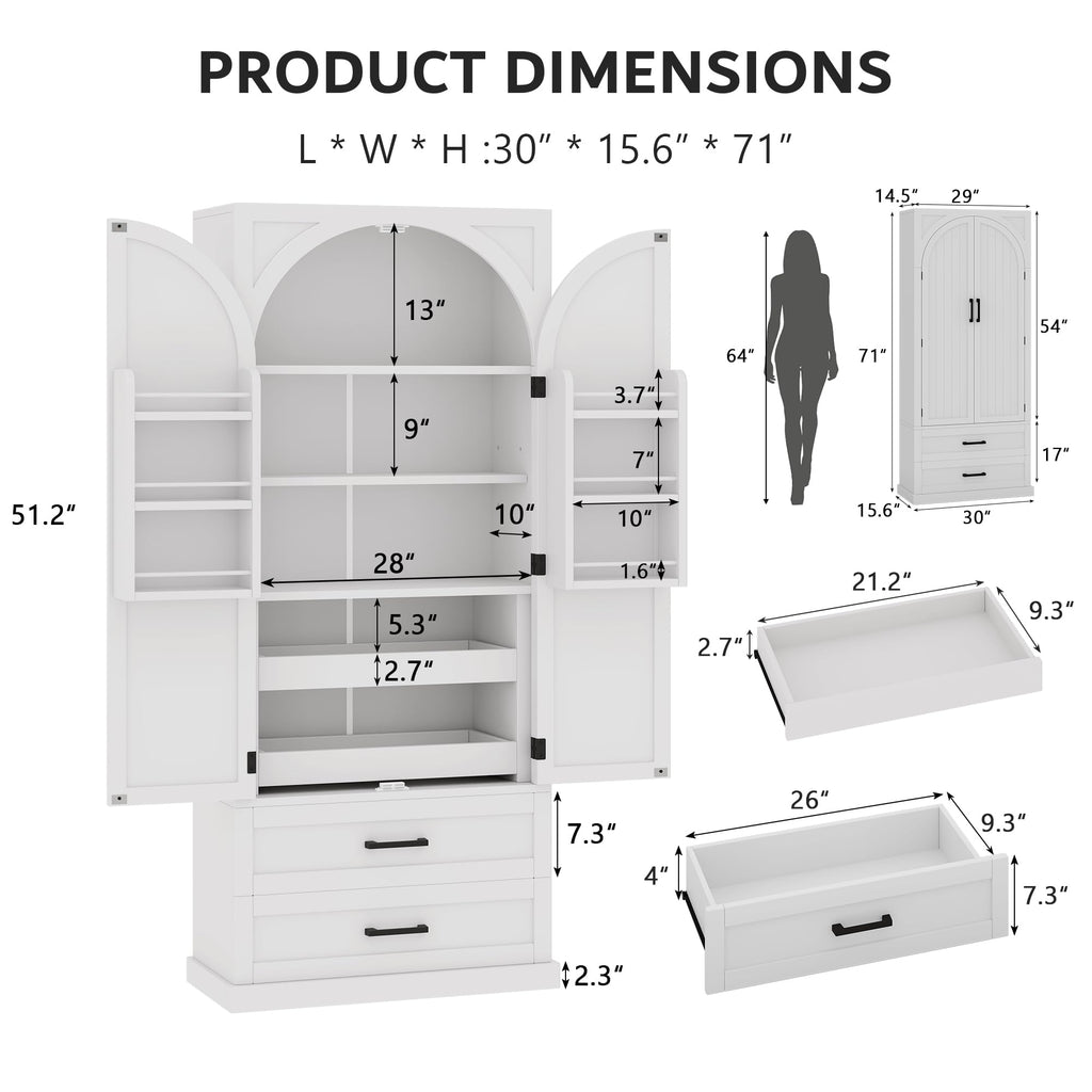 iPormis 71" Tall Kitchen Pantry Storage Cabinet w/Adjustable Shelf, Door Shelves & Large Drawers, Freestanding Kitchen Cupboard for Dining Room/Living Room, White