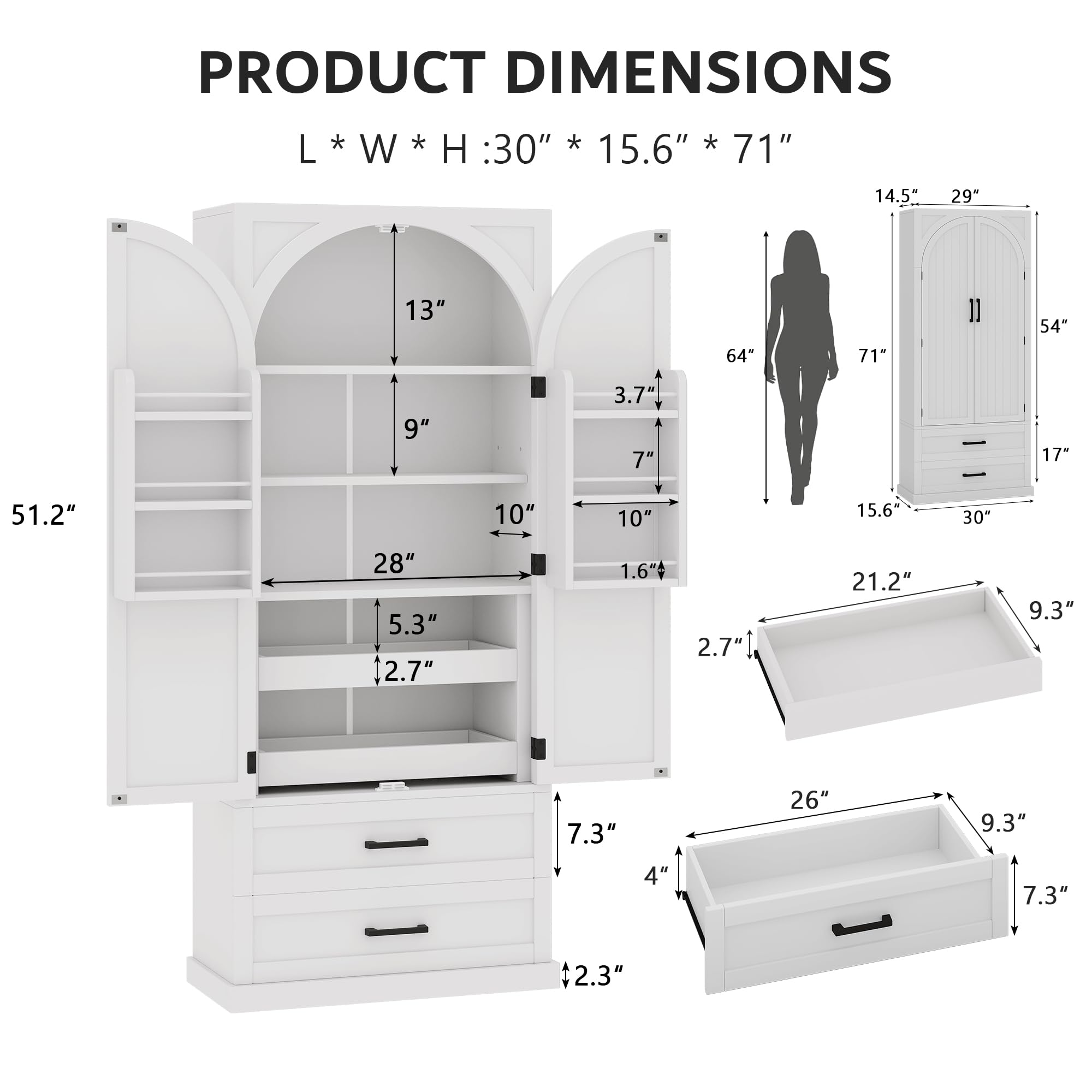 iPormis 71" Tall Kitchen Pantry Storage Cabinet w/Adjustable Shelf, Door Shelves & Large Drawers, Freestanding Kitchen Cupboard for Dining Room/Living Room, White
