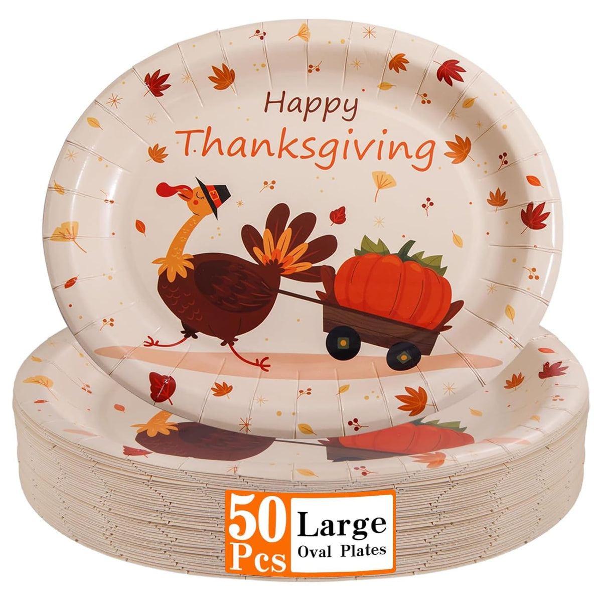 WDF 50Pack Thanksgiving Oval Plates Paper - 10" x 12" Happy Thanksgiving Plates Disposable Dinner Autumn Fall Harvest Party Supply - Turkey Thankful Pattern