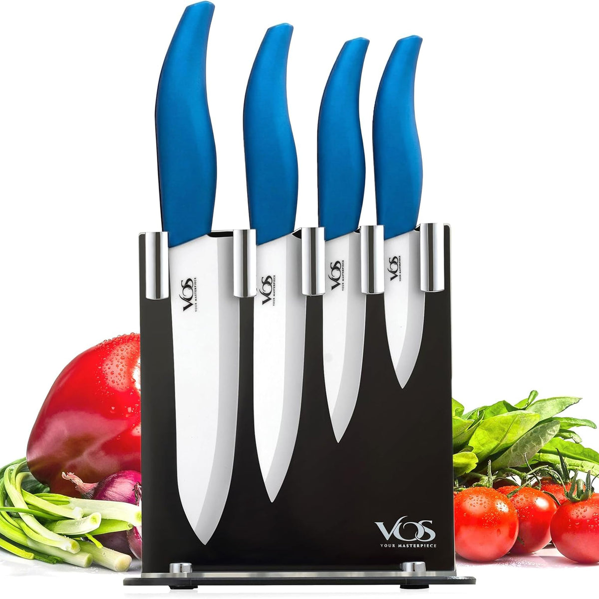 Vos Ceramic Knife Set in Elegant Gift Box, Ceramic Knives Set For Kitchen, Ultra Sharp Kitchen Knife Set with Covers, 4" 5" 6" Paring, Santoku & Chef Knife, Lightweight, Dishwasher safe (Black Handle)