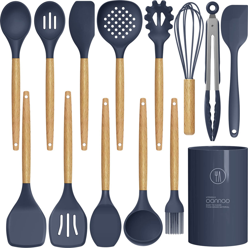 oannao Silicone Cooking Utensils Set - 446°F Heat Resistant Silicone Kitchen Utensils for Cooking,Kitchen Utensil Spatula Set w Wooden Handles, BPA FREE Gadgets for Non-Stick Cookware (Navy Blue)