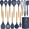 oannao Silicone Cooking Utensils Set - 446°F Heat Resistant Silicone Kitchen Utensils for Cooking,Kitchen Utensil Spatula Set w Wooden Handles, BPA FREE Gadgets for Non-Stick Cookware (Navy Blue)