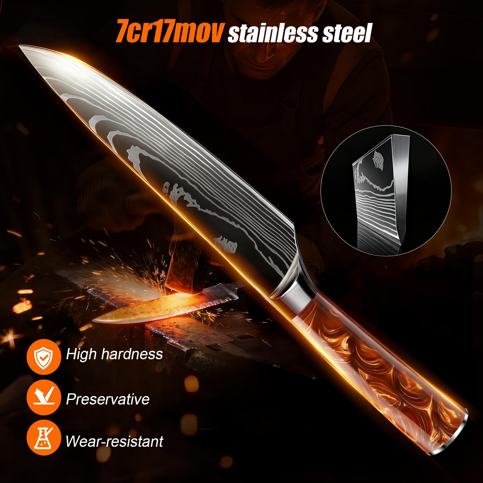 FIVE COWS 10-Piece Premium Japanese Kitchen Knife Set - Star Collection, Laser Damascus Pattern, 440A Stainless Steel Ultra Sharp for Fast Cutting (Red)