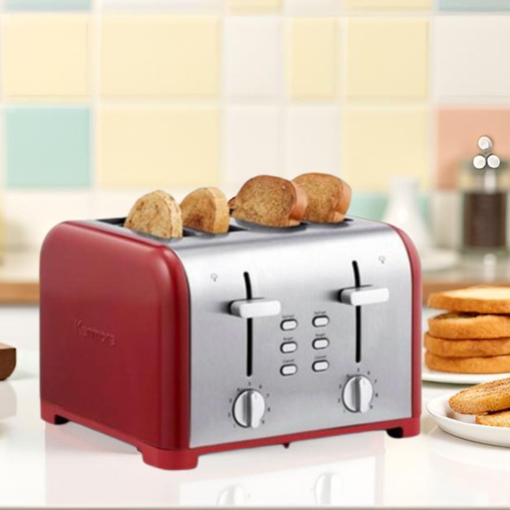 Slice Toaster, Red Stainless Steel, Dual Controls, Extra Wide Slots, Bagel and Defrost Functions, 9 Browning Levels, Removable Crumb Trays, for Bread, Toast, English Muffin, Toaster Strudel