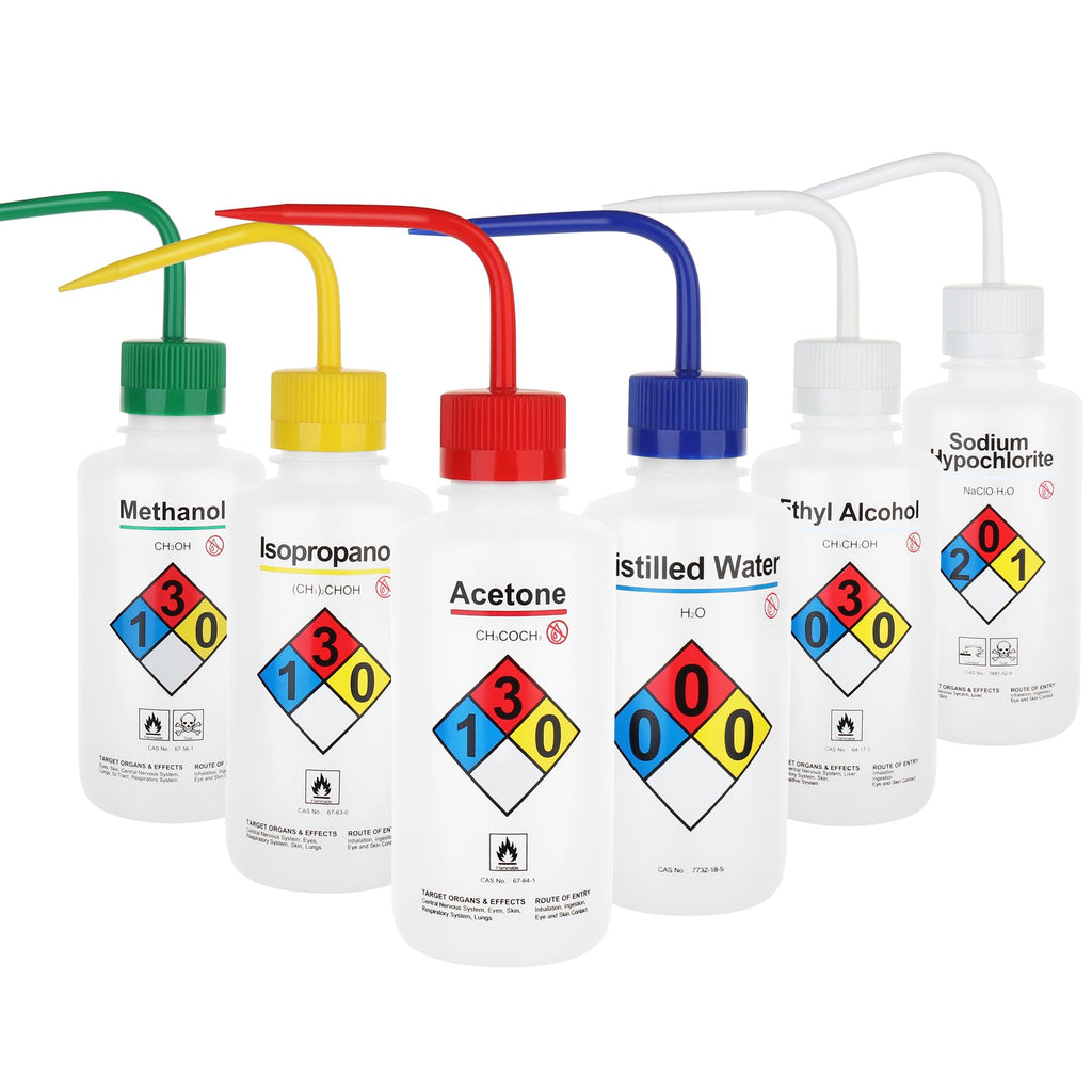 LABINVO 4pcs of Methanol Wash Bottles, Vol.500ml (17oz), Narrow Mouth, Self-Venting Safety Wash Bottles, LDPE Material, IN-WBM500