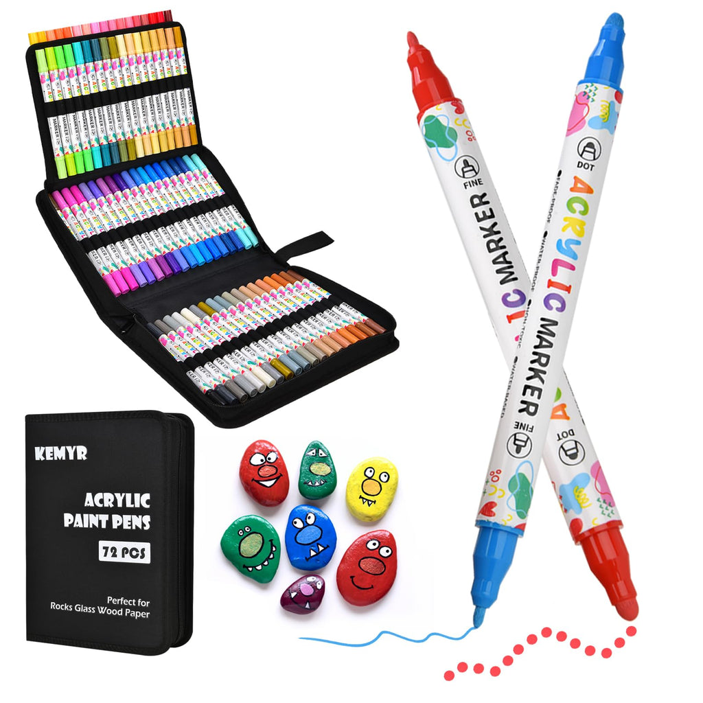 KEMYR 72 Colors Acrylic Paint Pens, Dual Tip Acrylic Paint Markers for Paper, Wood, Canvas, Stone, Rock Painting, Glass, Fabric, DIY, Ceramic, Art Supplies for Adults Drawing (Dot + Fine)
