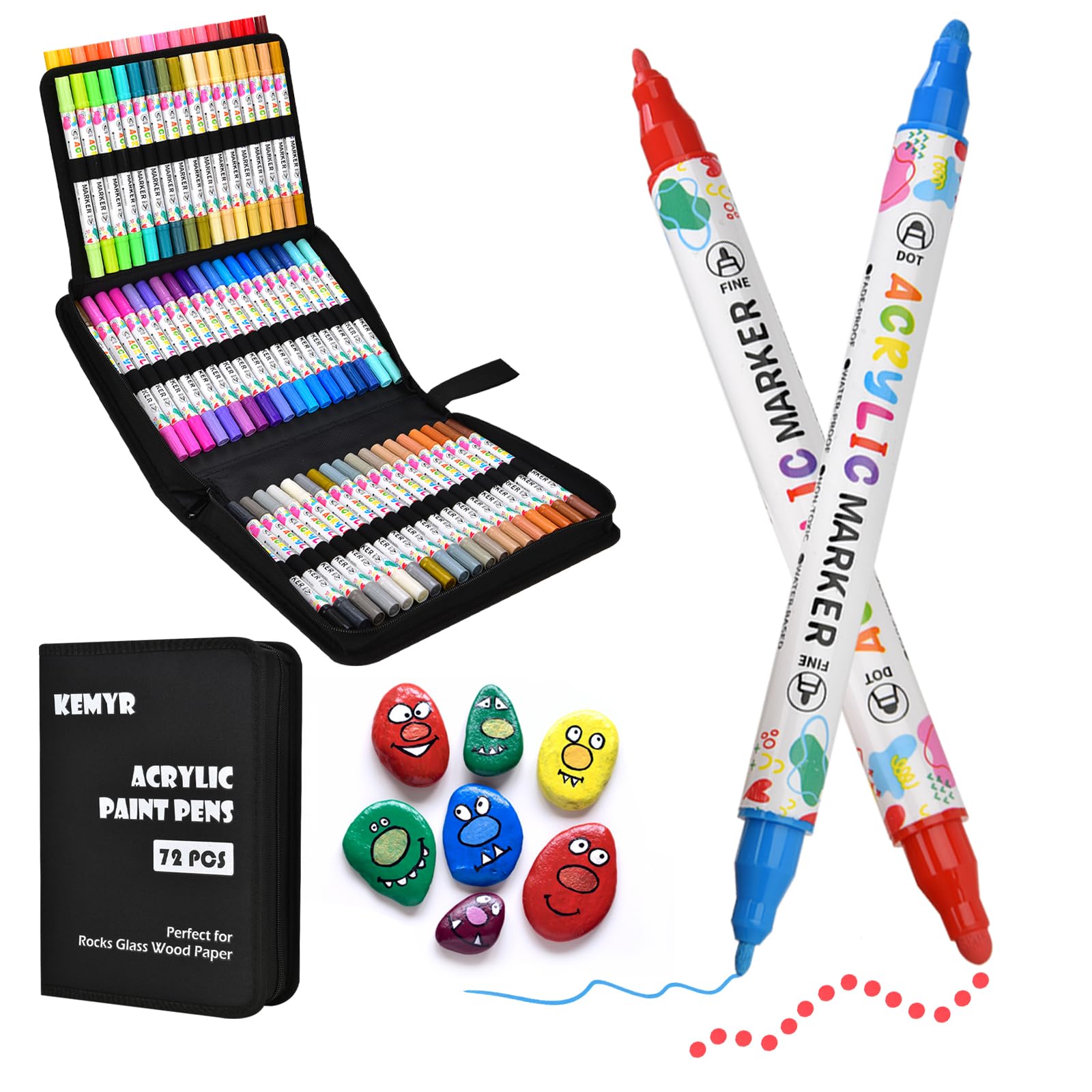 KEMYR 72 Colors Acrylic Paint Pens, Dual Tip Acrylic Paint Markers for Paper, Wood, Canvas, Stone, Rock Painting, Glass, Fabric, DIY, Ceramic, Art Supplies for Adults Drawing (Dot + Fine)