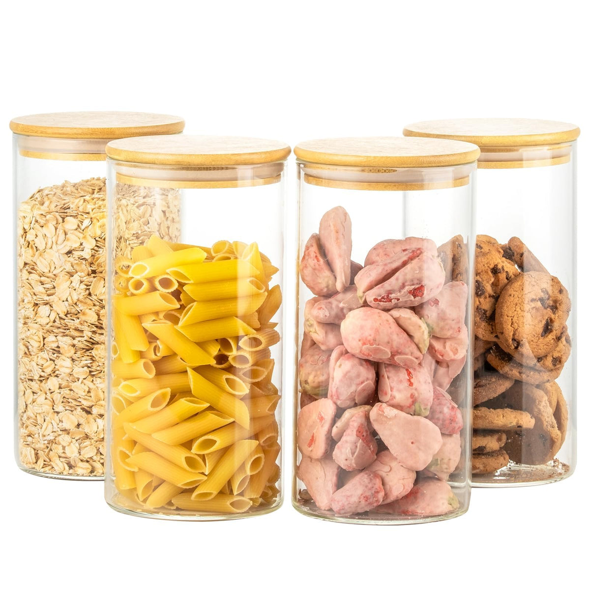 HeipokLife 4 Pack 42oz Glass Jars with Bamboo Lids,Glass Storage Containers with Lids,Clear Airtight Food Storage Jar for Flour,Oat,Coffee,Tea,Sugar,Cookies,Pantry Organizers 3mm Thick Canisters