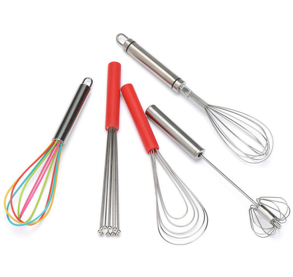 Flat Whisk Silicone Handle Non Slip 10" - 5 Wires Whisk with 10 Heads for Kitchen Cooking Color Red by Jell-Cell