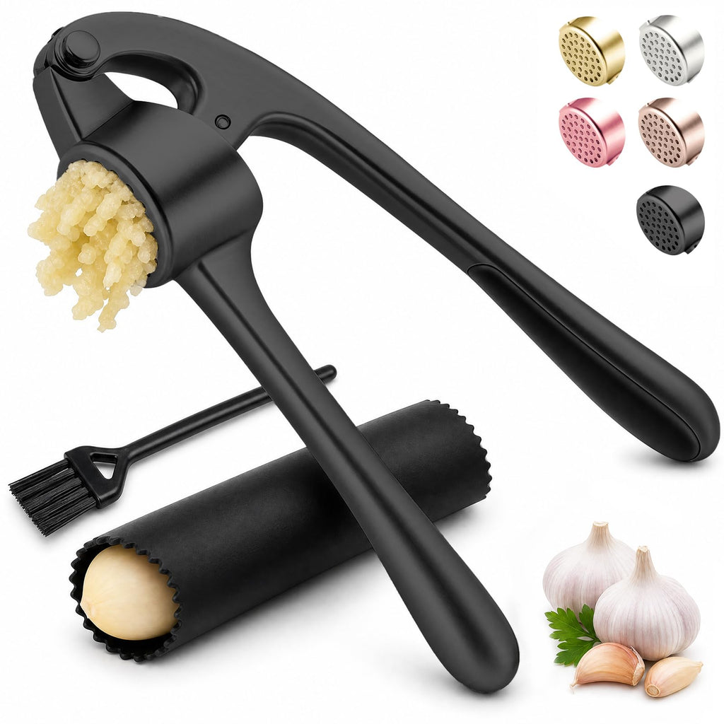 Kitchen Garlic Press, Rust Proof & Dishwasher Safe Garlic Mincer, Durable Garlic Crusher Set with Peeler＆Brush, Easy to Clean and Squeeze, Rose