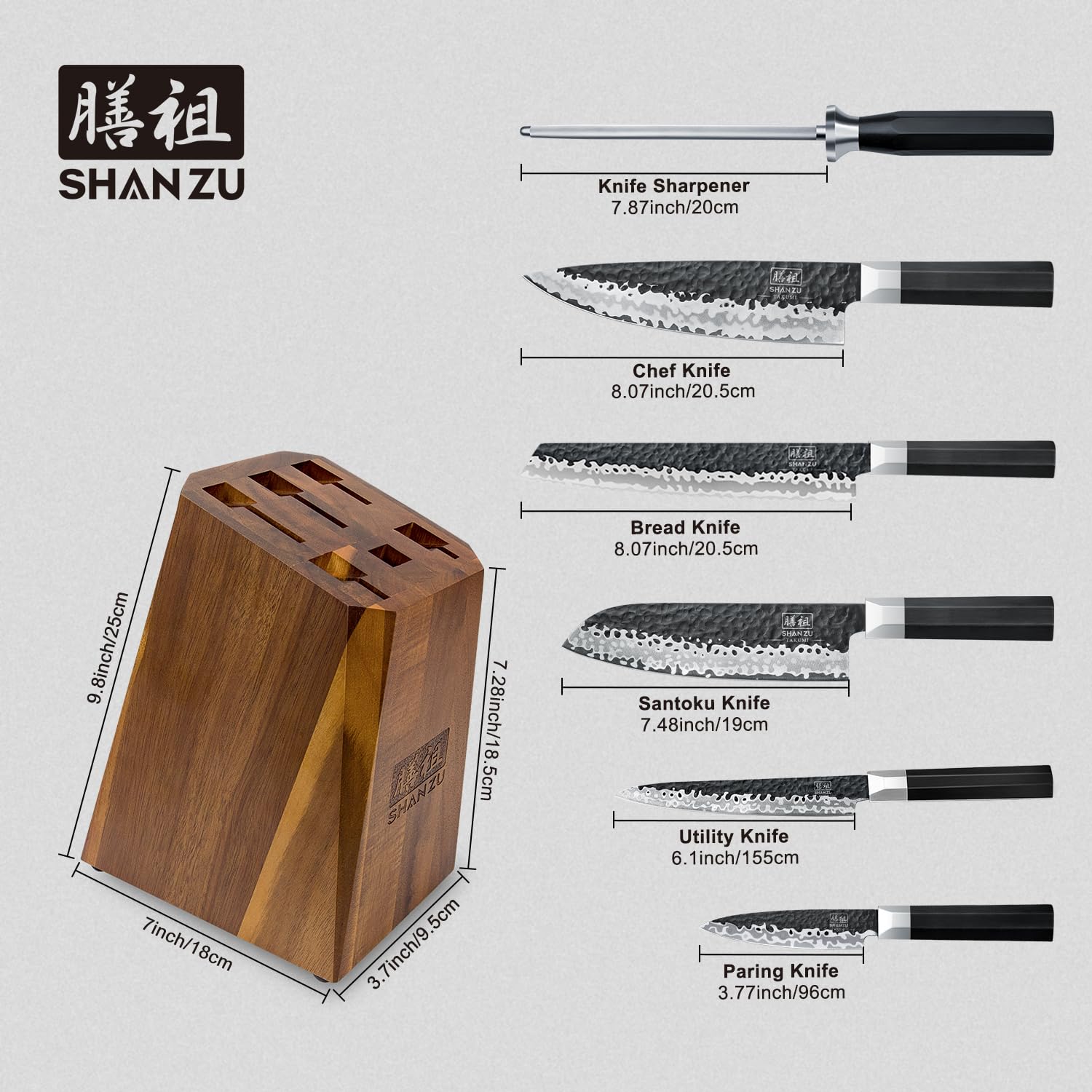 SHAN ZU 7-Piece Japanese Knife Set - 7 Layers 10Cr15MoV High Carbon Steel Kitchen Knifes Set with Block and Sharpener,Ultra-Sharp Chef Knife Set with G10 Handle