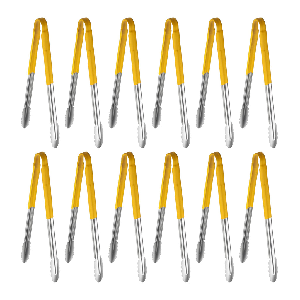 New Star Foodservice 12 Inch Utility Spring Tongs, Set of 12, Commercial Restaurant Grade Stainless Steel Tongs with Green Vinyl Coated Handles