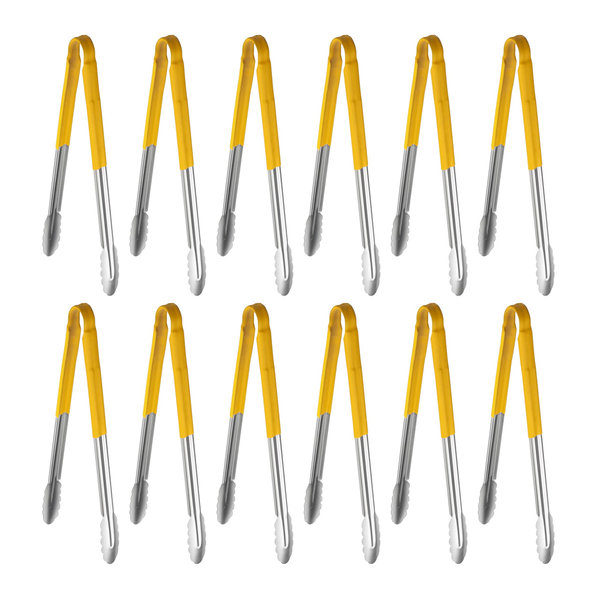 New Star Foodservice 12 Inch Utility Spring Tongs, Set of 12, Commercial Restaurant Grade Stainless Steel Tongs with Green Vinyl Coated Handles