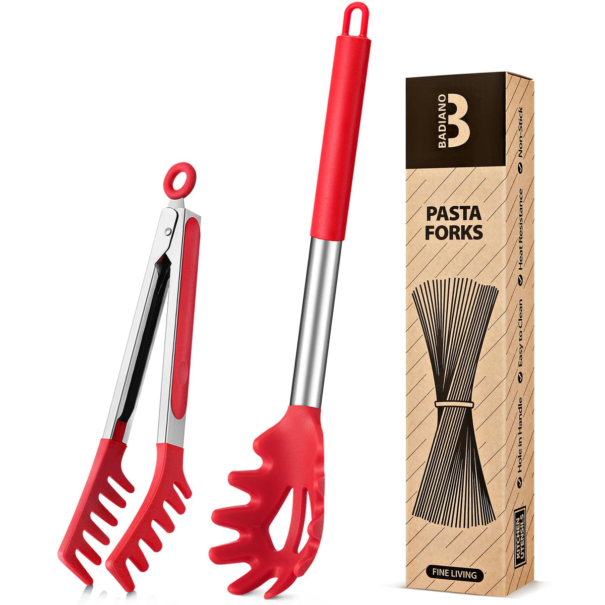 Silicone Spaghetti Spoon & Pasta Tong, Non-Stick Stainless Steel Handle Pasta Fork Set with Teeth, Food Clip for Easy Serving of Noodles (Khaki)