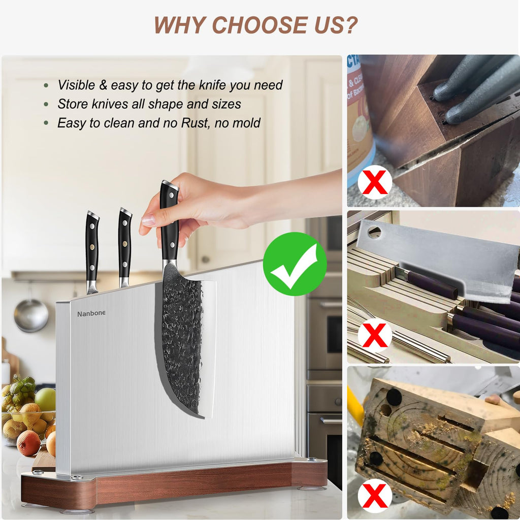Nanbone Magnetic Knife Block Without Knives Large Double Side Magnetic Knife Holder Stand with Strong Magnet, Stainless Steel Knife Storage Organizer for Kitchen Counter Knife Rack Three Magnet Strip