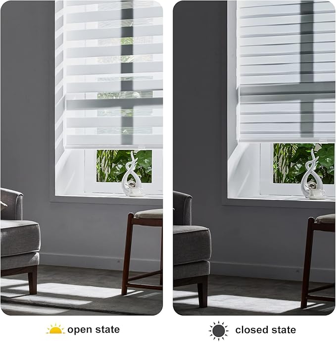 Persilux Cordless Zebra Blinds for Windows, Free-Stop Dual Layer Zebra Roller Shades (38" W x 72" H, White) Light Filtering Sheer Shades, Room Darkening Roller Blinds for Office and Home
