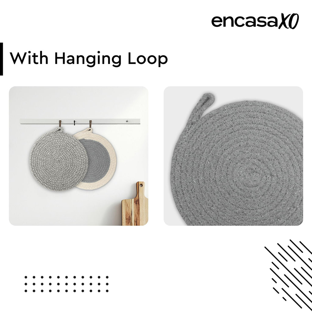 Encasa XO Round Trivet Mats for Hot Dishes with Hanging Loop | Grey Combo - Set of 6 with 7 inch Diameter | Cotton Round Thick Heat Resistant Pot Holders | Use Hot Pads Plate Mats for Hot Pots & Pans