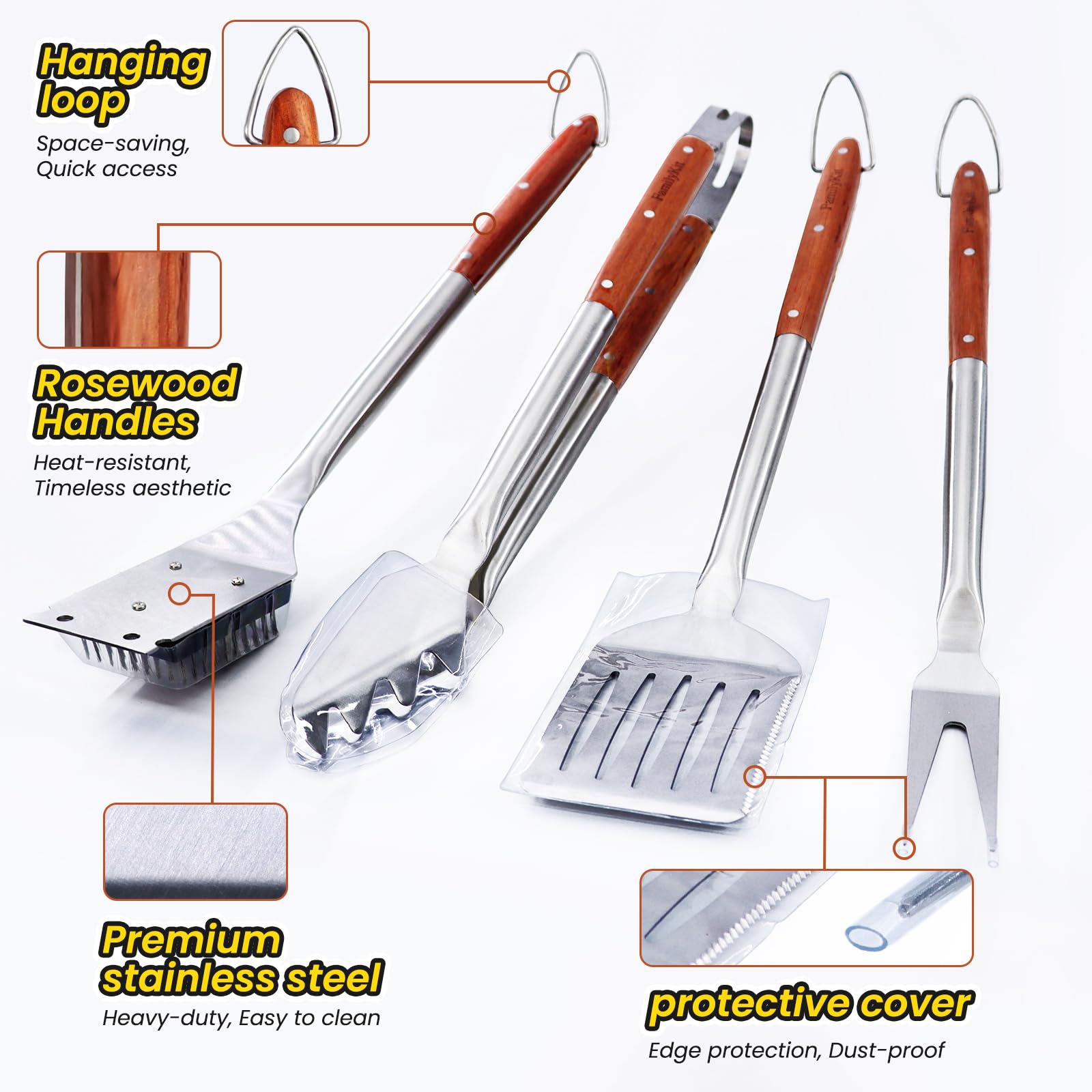 FamilyKit 4PCS Grilling Accessories Rose Wooden BBQ Grilling Tools Set
