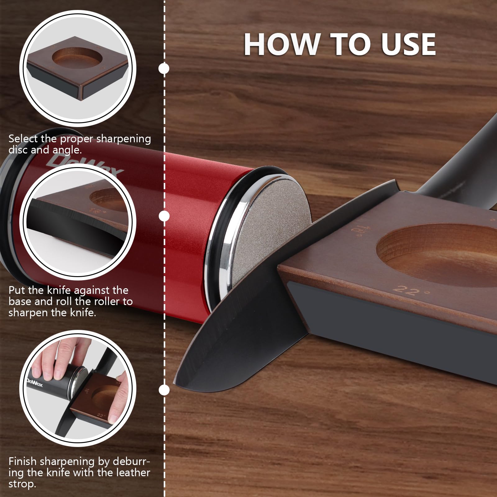 DOWOX Longer Rolling Knife Sharpener with Leather Strop, Upgraded Rolling Knife Sharpening with 4 Degree Angle and 4PCS Replaceable Honing Discs, Easy to Sharpen Ktichen Knives, Red, DW-RS2-Red