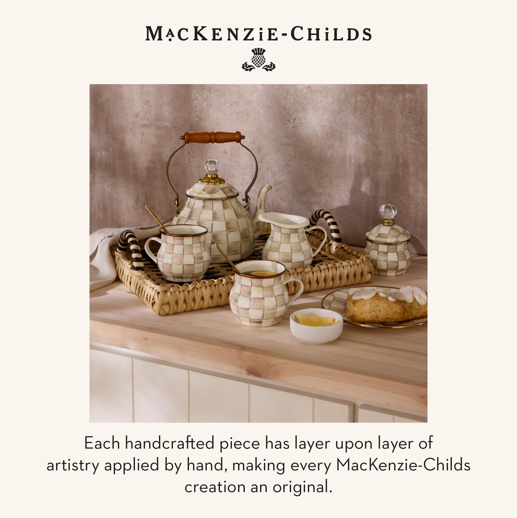 MACKENZIE-CHILDS Enamel Measuring Cup, Brown-and-White Mocha Check
