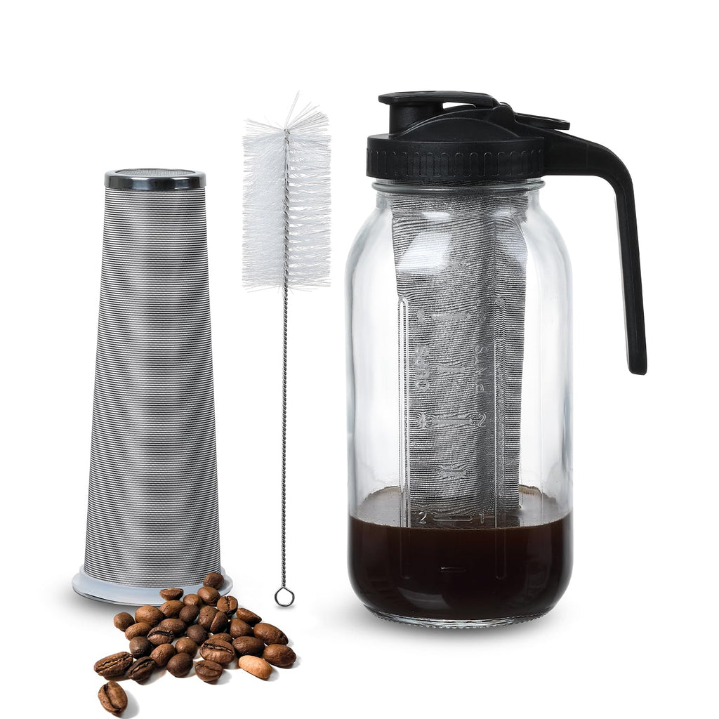 Cold Brew Coffee Maker Pitcher 64-ounce Glass Wide Mouth Mason Jar with Stainless Steel Filter and Pour Spout Handle Lid (Black, 64Ounce)
