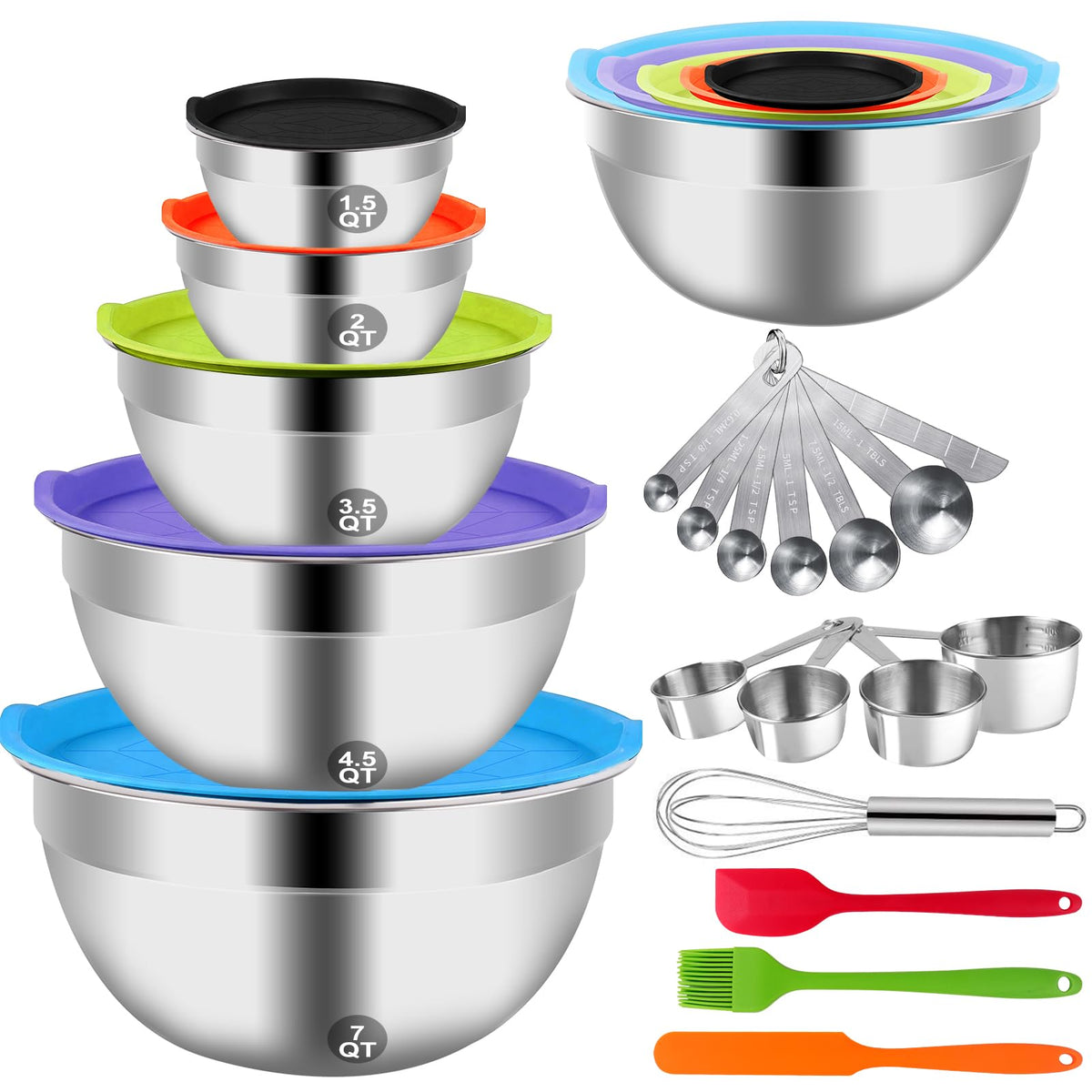 WEPSEN Mixing Bowls Set, 25PCS Stainless Steel Mixing Bowl with Lid Set, Large Nesting Bowls 7, 4.5, 3,2, 1.5QT, Measuring Cups and Spoons Baking Utensils Metal Bowl for Kitchen Prep