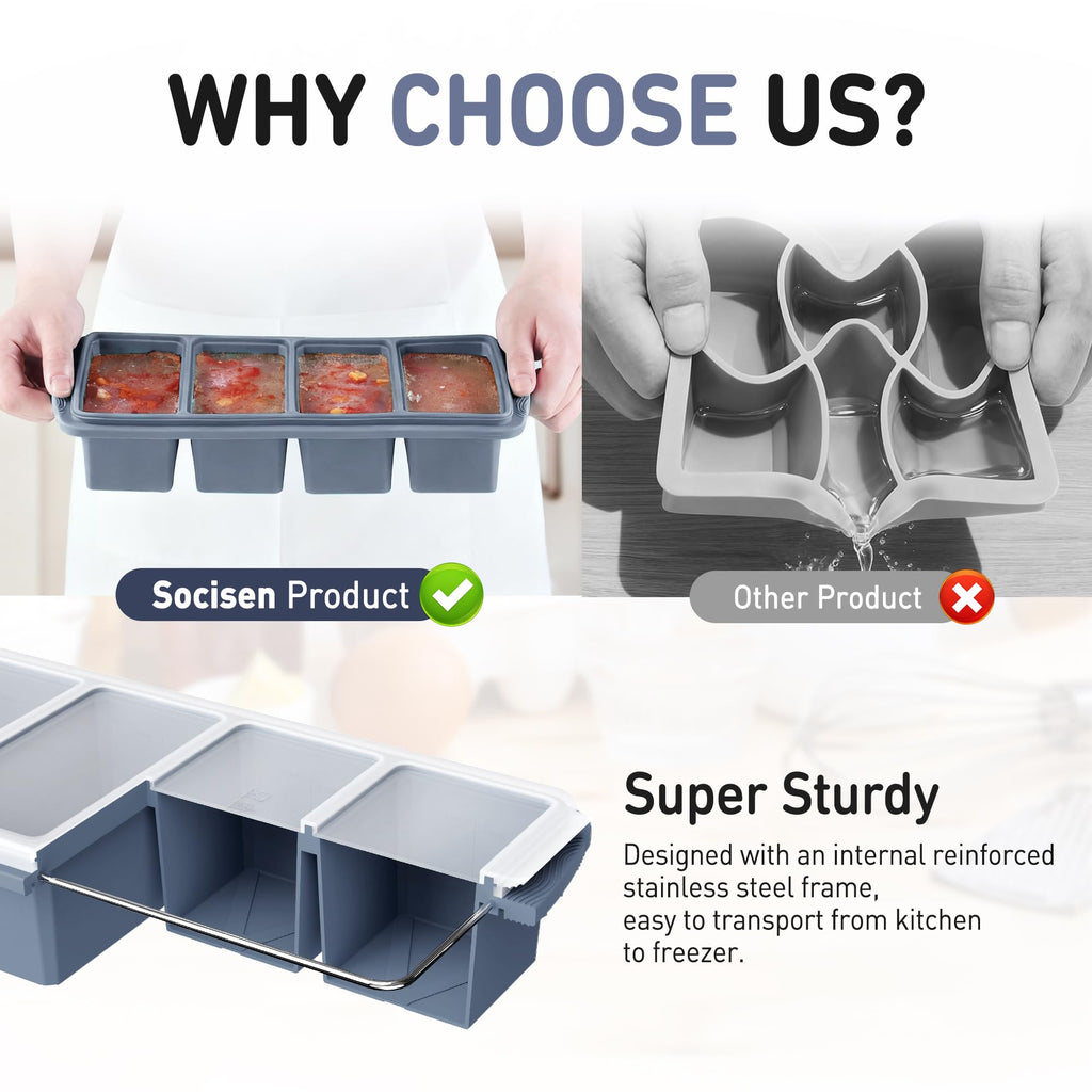 Silicone Freezer Tray with Lid Soup Freezer Container Molds with Steel Reinforced Rim Large Ice Cube Tray Makes 8 Perfect 1 Cup Portions Cubes Storage Food Ice Block Molds New Home Essentials