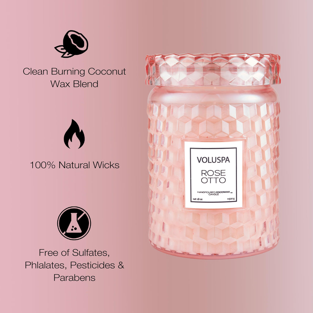 Voluspa Rose Otto, Large Candle Jar, 18 Ounce, 100 Hour Burn Time, Coconut Wax for Clean Burning, Handcrafted in the USA