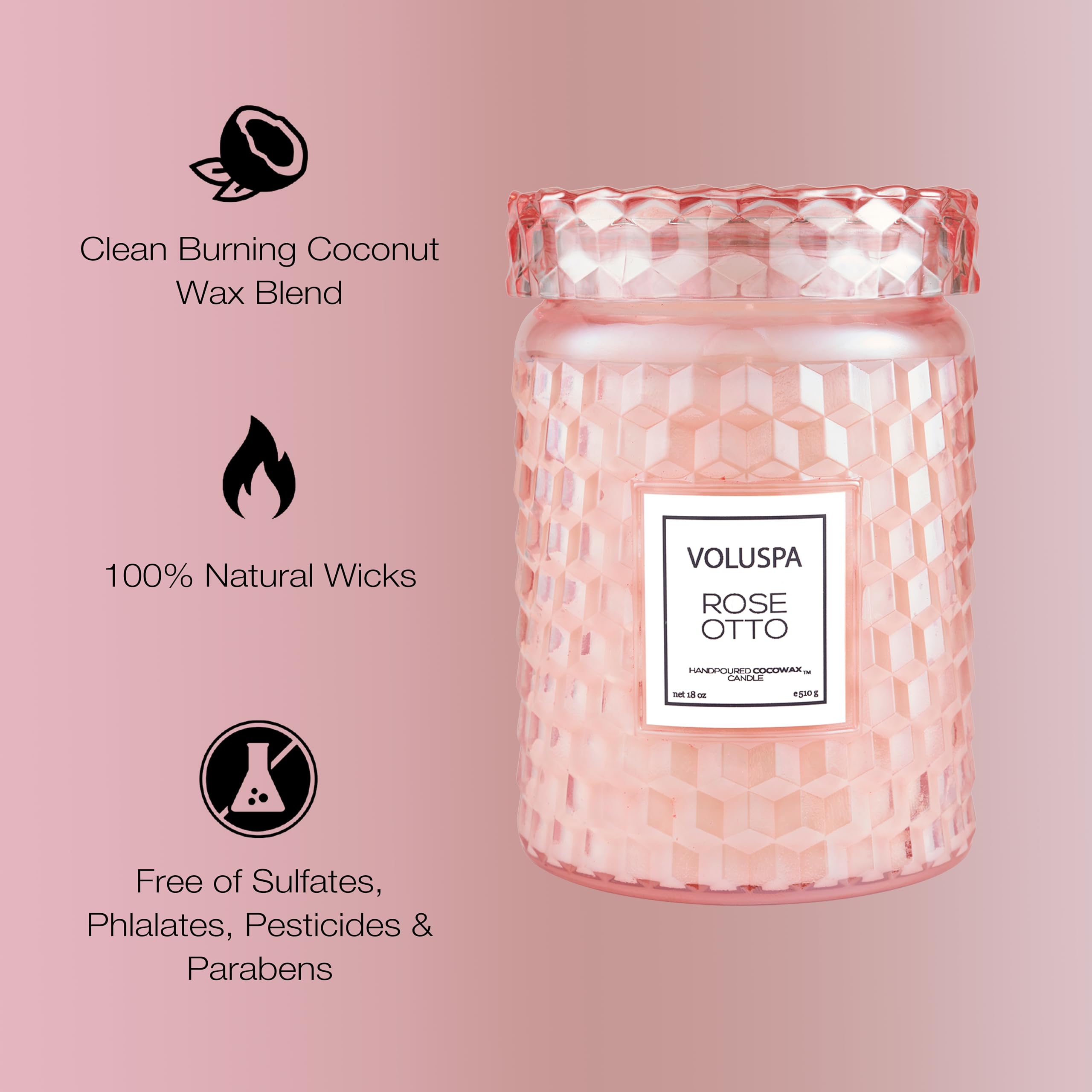 Voluspa Rose Otto, Large Candle Jar, 18 Ounce, 100 Hour Burn Time, Coconut Wax for Clean Burning, Handcrafted in the USA