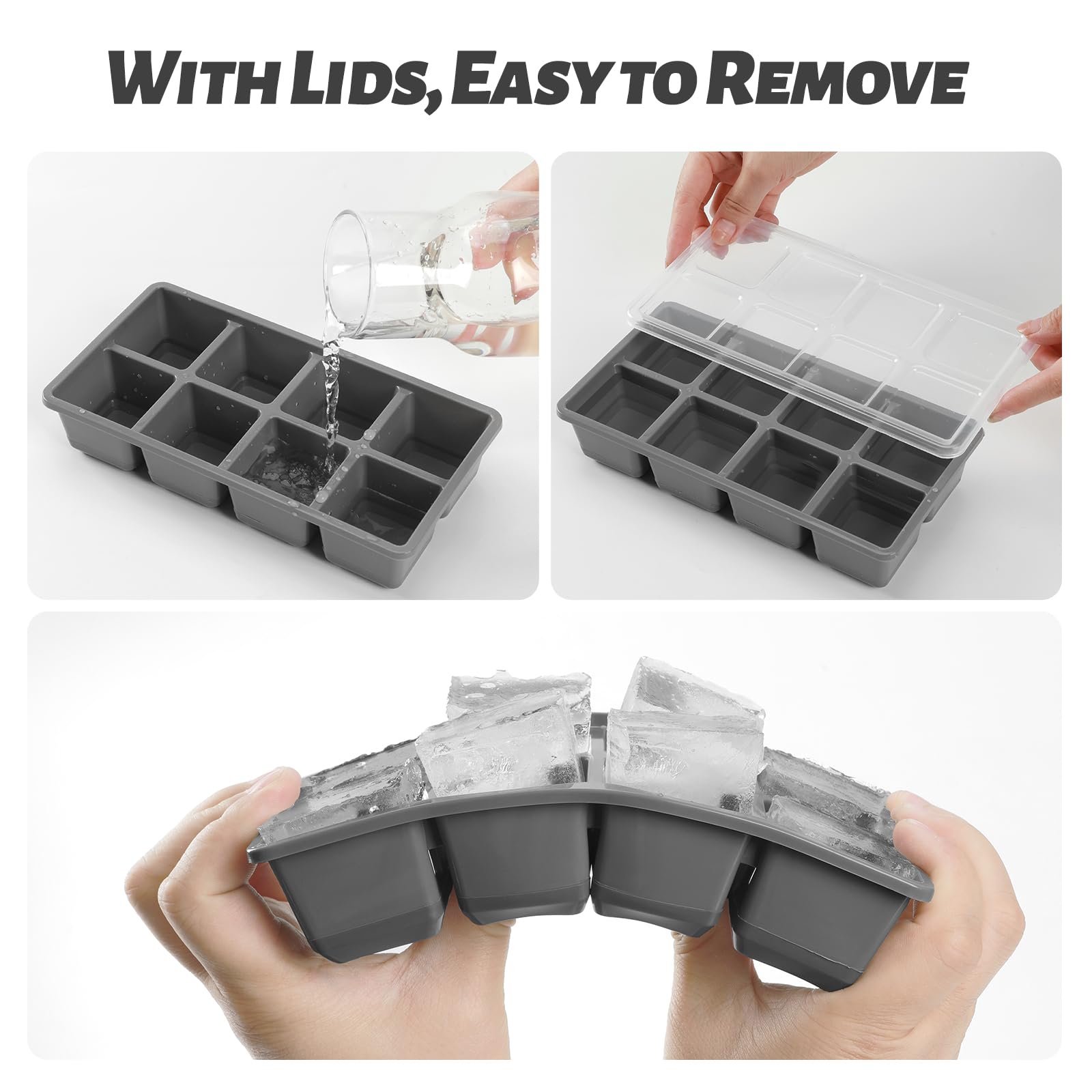 Large Ice Cube Trays with Lid, Jrisbo 2 Pack Stackable Silicone Ice Cube Molds for Freezer, Easy Release 16 Big Square Ice Trays for Whisky Cocktails (Pure Gray)