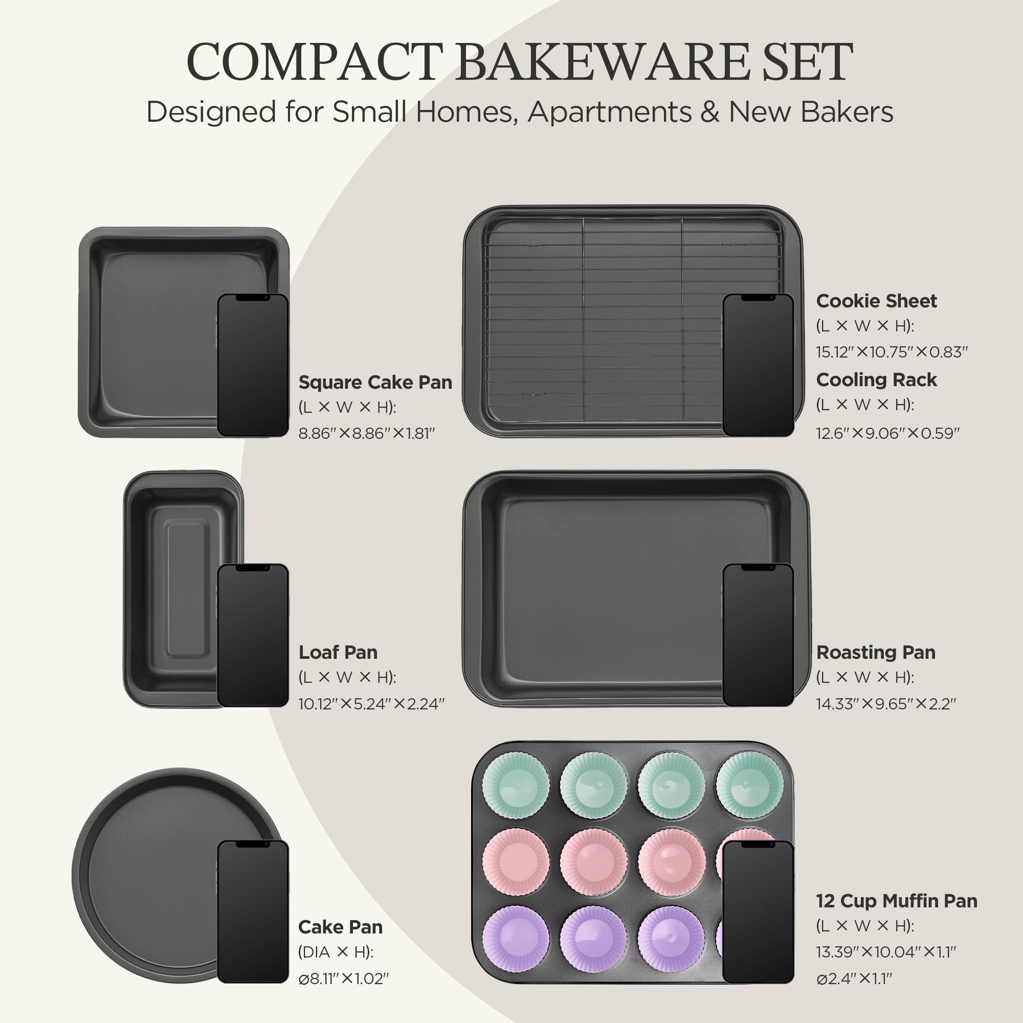 KITESSENSU Compact Baking Pans Sets, Nonstick Bakeware Sets 19-Piece with Round/Square Cake Pan, Loaf Pan, Muffin Pan, Cookie Sheet, Roast Pan, Cooling Rack, Carbon Steel Bake Set