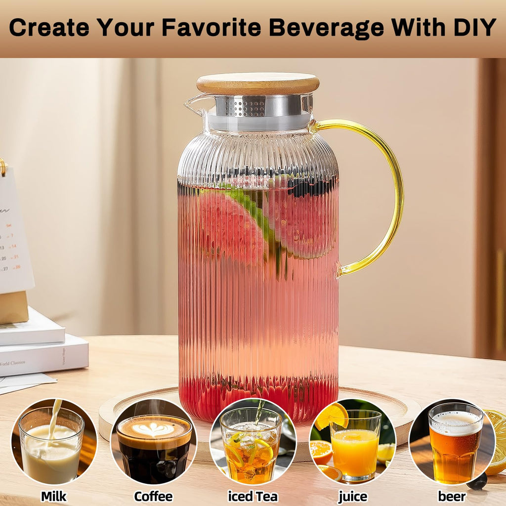 Buaic Glass Pitcher with Lid, 2 PACK 68 oz/2 Liter Vertical Water Pitcher With Serving Tray, Clear Borosilicate Glass Water Carafe for Cold Brew, Coffee, Lemonade, Iced Sun Tea,Beverage,Heat Resistant