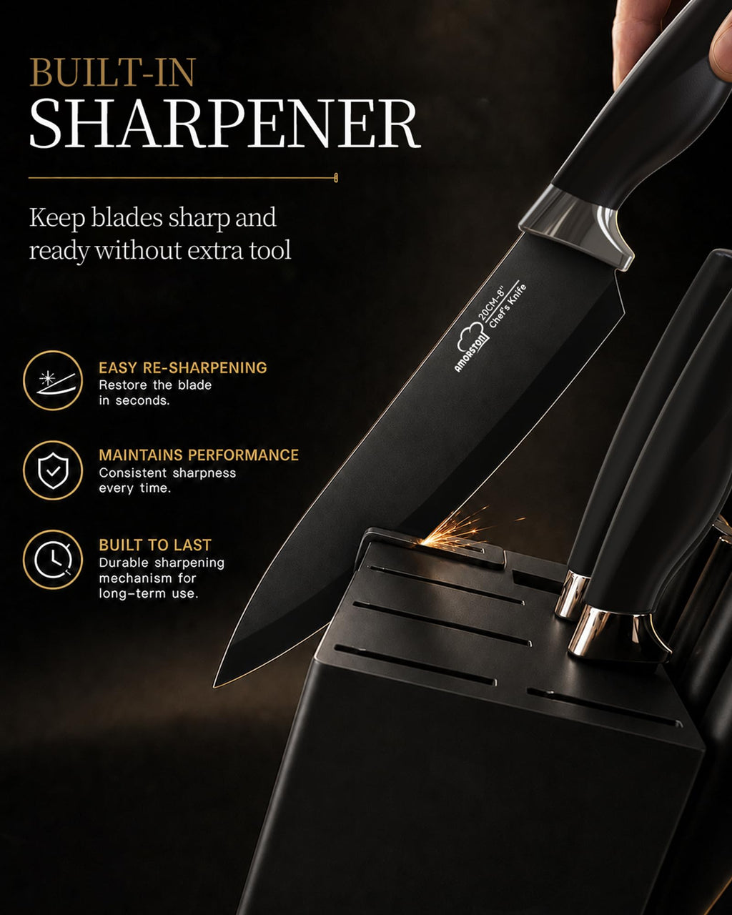 Amorston Knife Set 15 Piece Kitchen Knife Set with Block