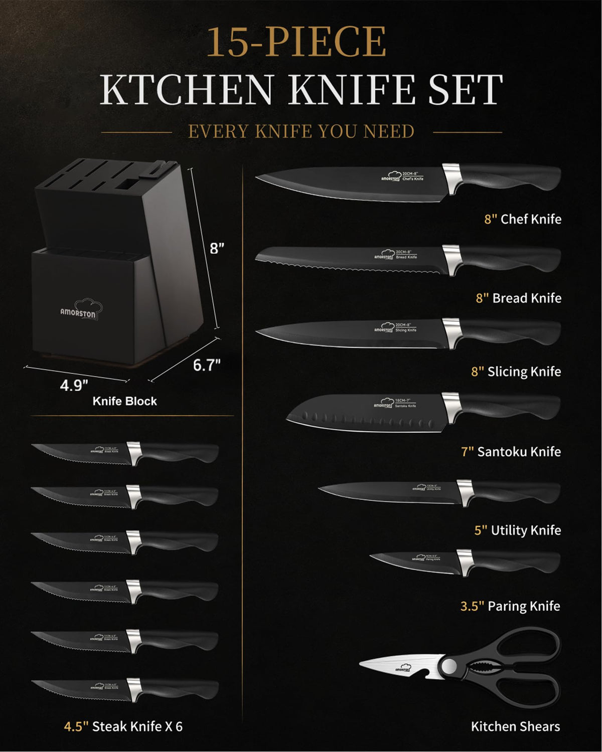 Amorston Knife Set 15 Piece Kitchen Knife Set with Block