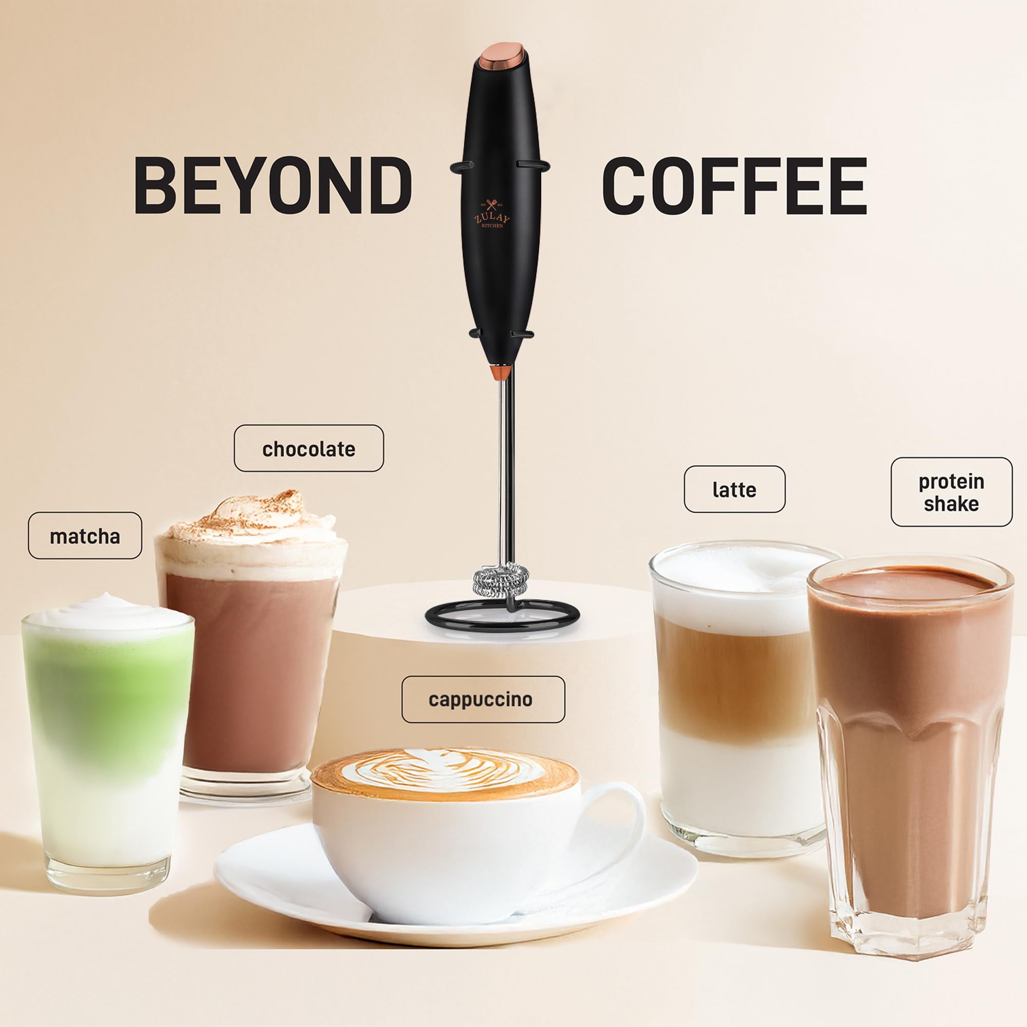 Zulay Kitchen Powerful Milk Frother Wand With Duracell Batteries - Ultra Fast Handheld Drink Mixer - Electric Whisk Foam Maker for Coffee, Lattes, Cappuccino & Matcha - Double Whisk - Black Copper