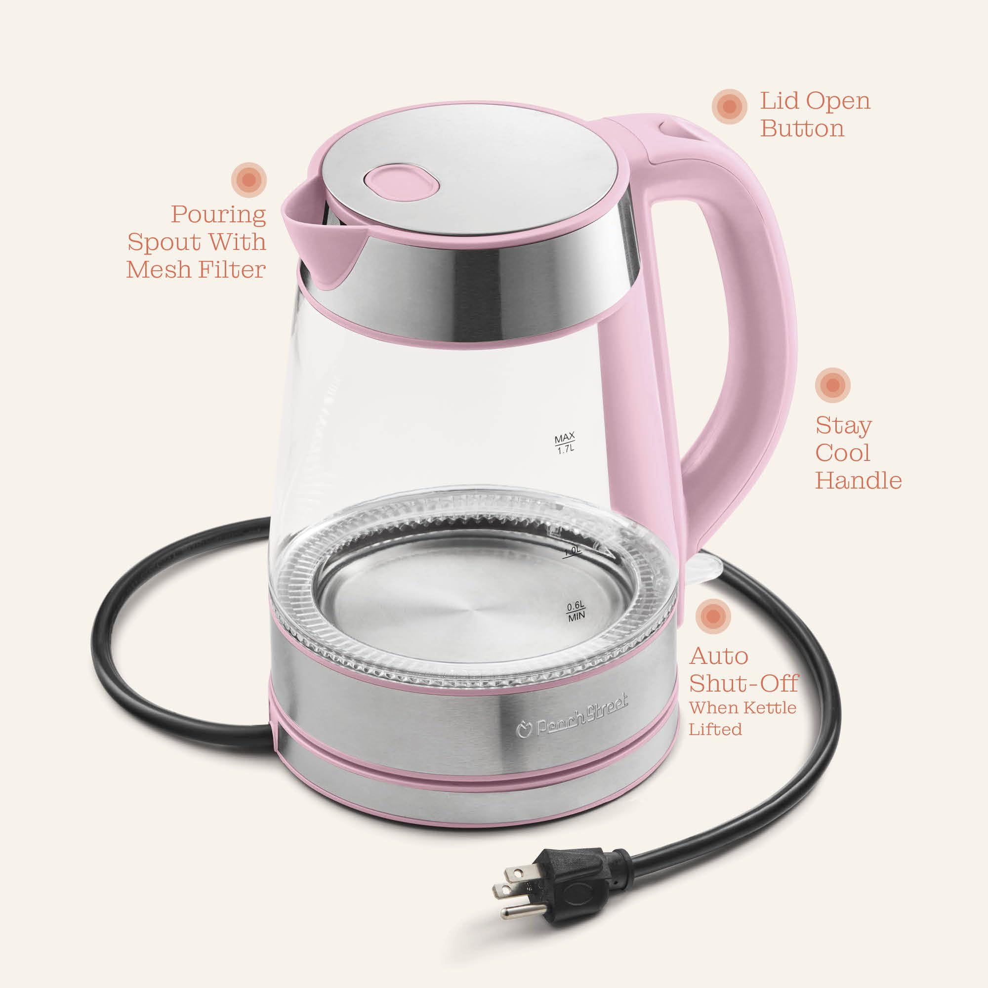 Speed-Boil Electric Kettle - 1.7L Water Boiler 1500W, Coffee & Tea Kettle Borosilicate Glass, Easy Clean Wide Opening, Auto Shut-Off, Cool Touch Handle, LED Light. 360° Rotation, Boil Dry Protection