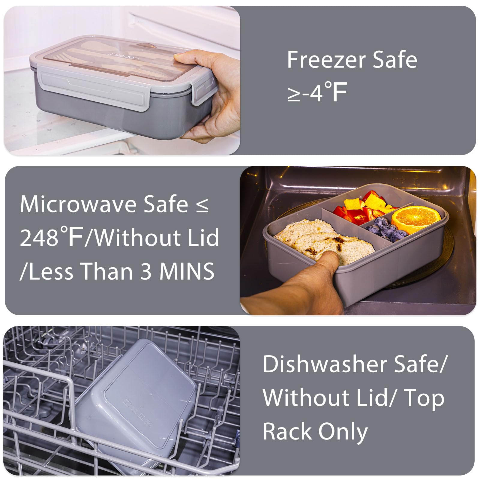 Caperci Classic Bento Box Adult Lunch Box for Older Kids - Leakpoof 47 oz 3-Compartment Lunch Containers for Adults and Teens, Built-in Utensil Set, Ideal for On-the-Go Balanced Eating, Gray
