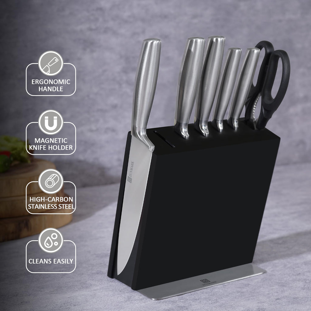 ZUNMARK Magnetic Knife Block Set, 7pcs Ultra Sharp Knife Set with Shears, Space-Saving Design for Home and Professional Kitchens, Silver