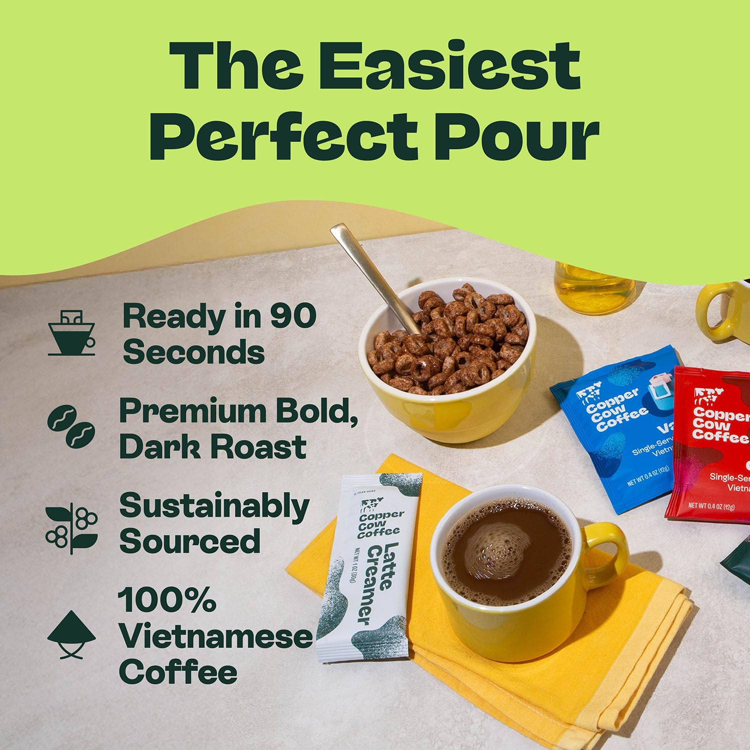 Copper Cow Vietnamese Coffee Variety Pack (15 Coffees & 15 Creamers)| Classic, Vanilla, & Salted Caramel Latte | Pour Over Single-Serve Lattes, No Refrigeration Needed, Travel Friendly Ground Coffee