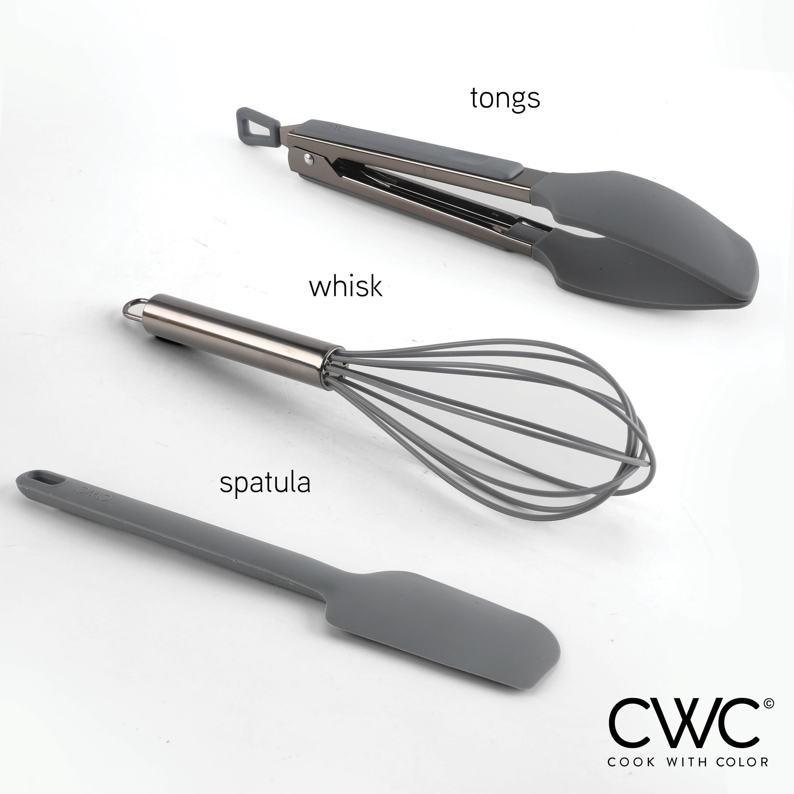COOK WITH COLOR Stainless Steel Silicone Tipped Kitchen & BBQ Tongs Set, 3 Pc Utensils, Grey